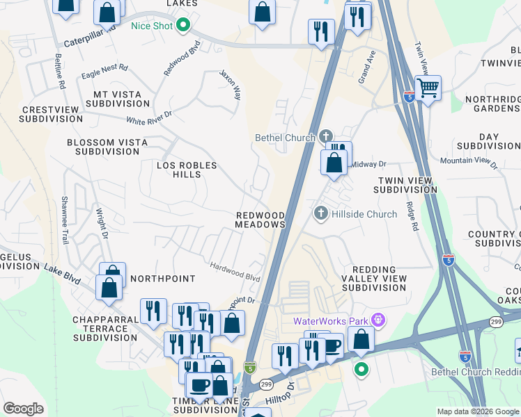 map of restaurants, bars, coffee shops, grocery stores, and more near 693 Marijean Way in Redding