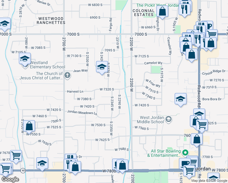 map of restaurants, bars, coffee shops, grocery stores, and more near 2338 Harvest Lane in West Jordan