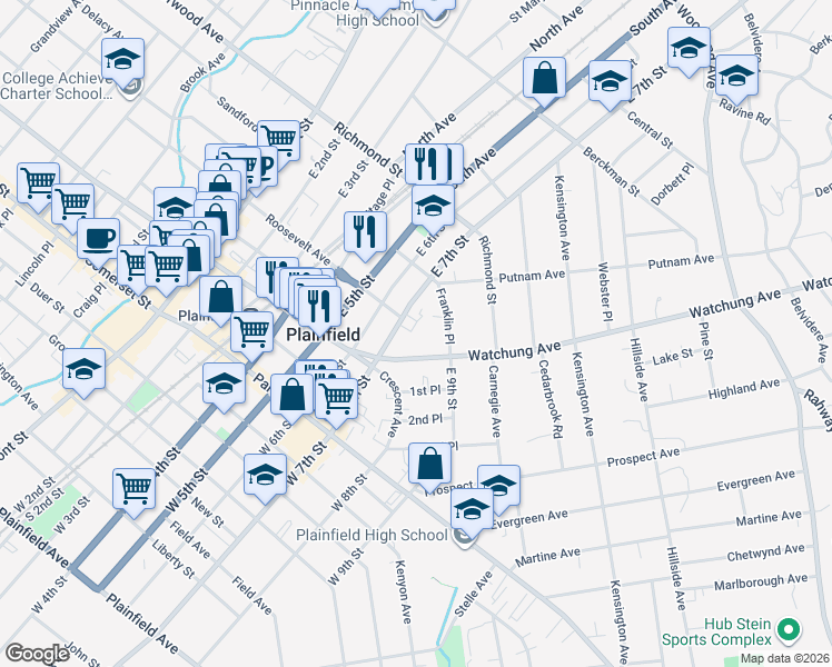 map of restaurants, bars, coffee shops, grocery stores, and more near 317 Franklin Place in Plainfield