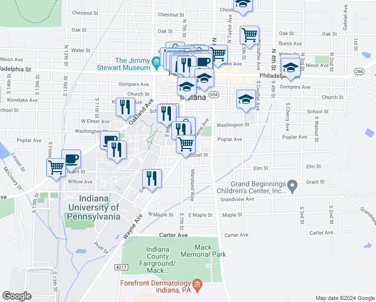map of restaurants, bars, coffee shops, grocery stores, and more near 789 Wayne Avenue in Indiana