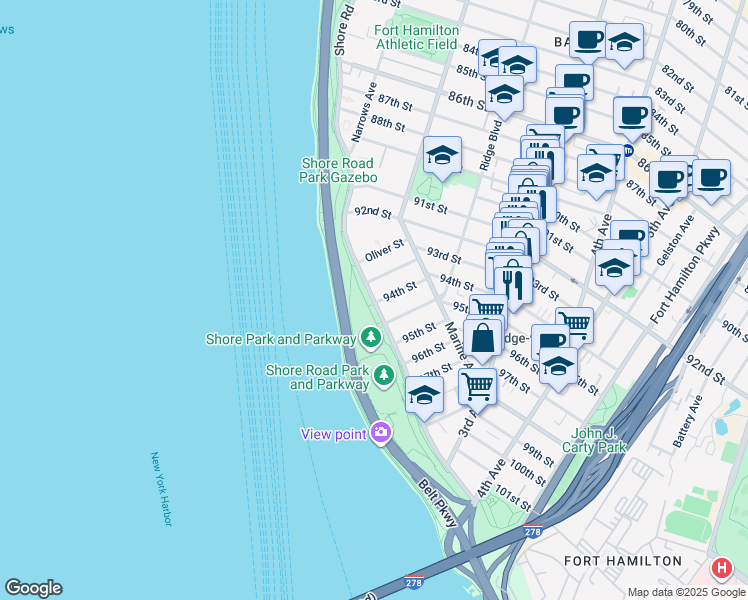 map of restaurants, bars, coffee shops, grocery stores, and more near 9325 Shore Road in Brooklyn