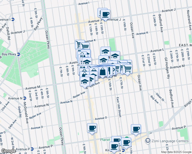 map of restaurants, bars, coffee shops, grocery stores, and more near 1215 Avenue M in Brooklyn