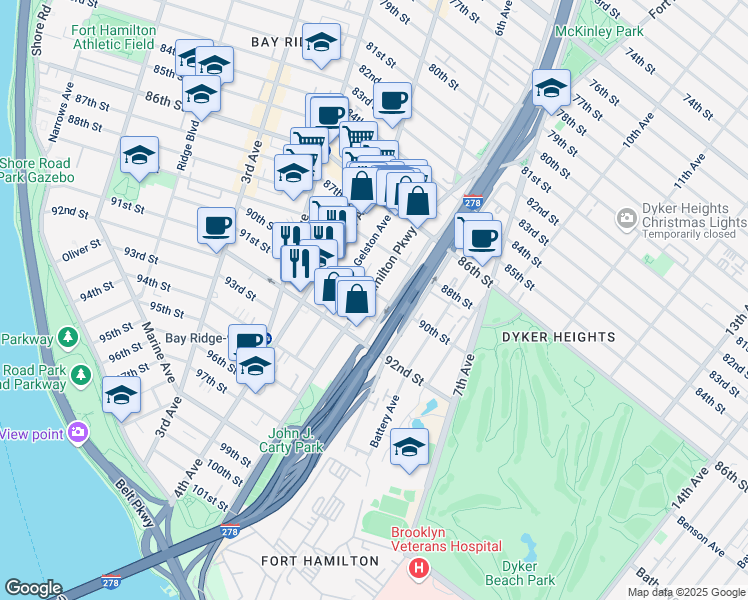 map of restaurants, bars, coffee shops, grocery stores, and more near 9005 Fort Hamilton Parkway in Brooklyn