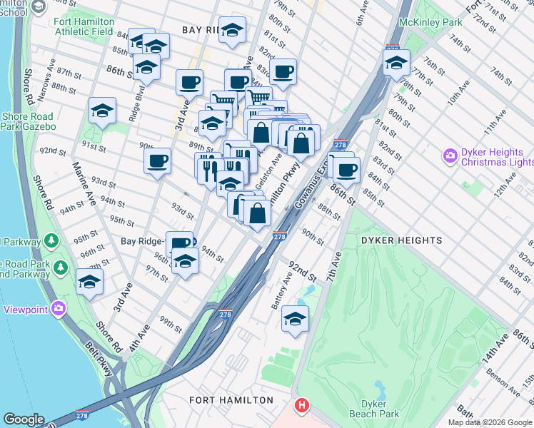 map of restaurants, bars, coffee shops, grocery stores, and more near 8852 Fort Hamilton Parkway in Brooklyn