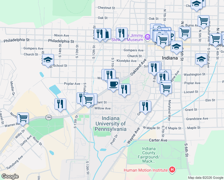 map of restaurants, bars, coffee shops, grocery stores, and more near 1105 Oakland Avenue in Indiana