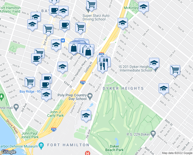 map of restaurants, bars, coffee shops, grocery stores, and more near 623 88th Street in Brooklyn