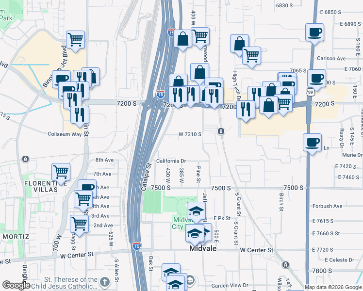 map of restaurants, bars, coffee shops, grocery stores, and more near 7329 South Sideline Lane in Midvale