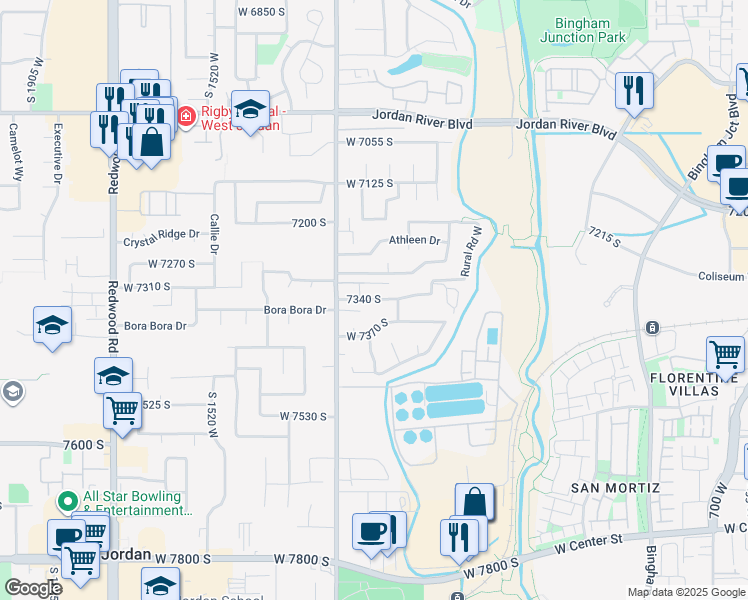 map of restaurants, bars, coffee shops, grocery stores, and more near 7340 South in West Jordan