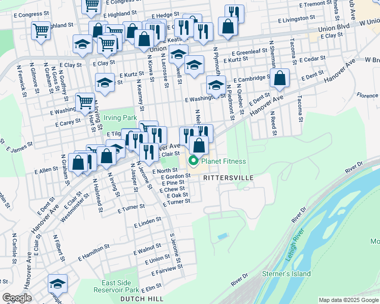map of restaurants, bars, coffee shops, grocery stores, and more near in Allentown