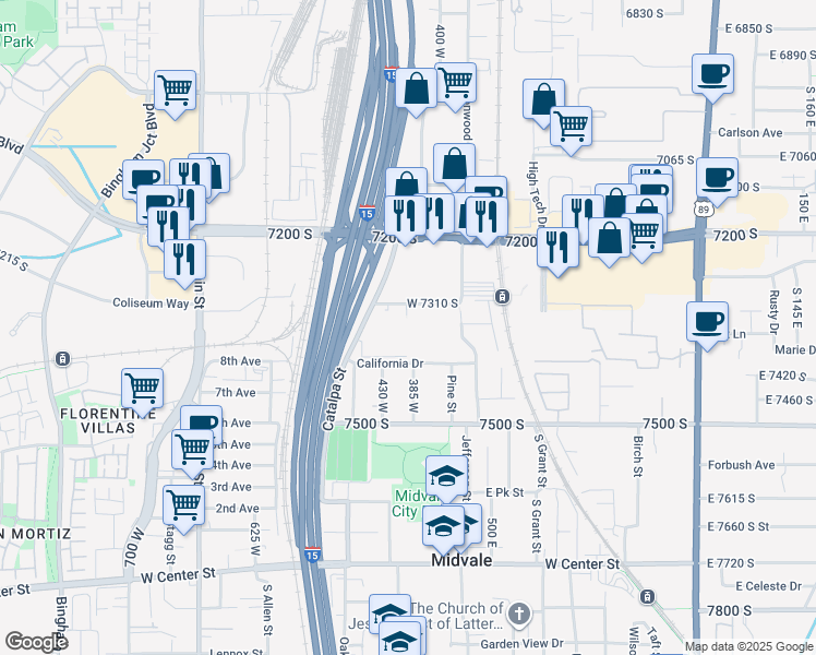 map of restaurants, bars, coffee shops, grocery stores, and more near 7328 South Sideline Lane in Midvale