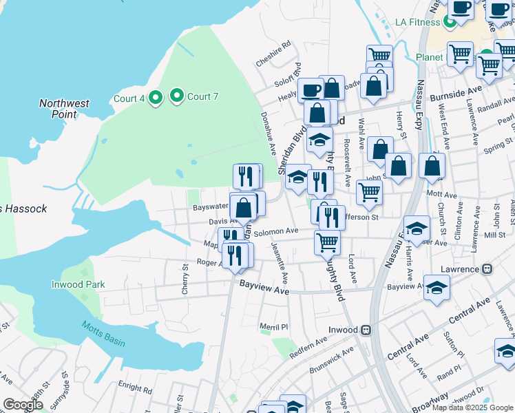 map of restaurants, bars, coffee shops, grocery stores, and more near 281 Sheridan Boulevard in Inwood