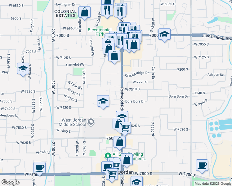 map of restaurants, bars, coffee shops, grocery stores, and more near 7316 1700 West in West Jordan