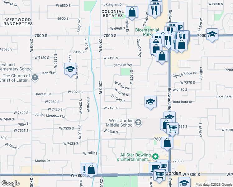 map of restaurants, bars, coffee shops, grocery stores, and more near 2107 West 7310 South in West Jordan