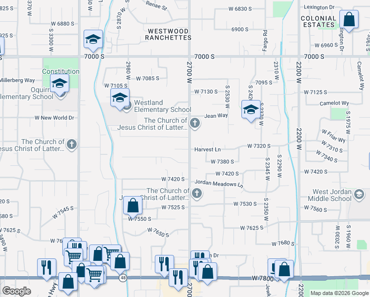 map of restaurants, bars, coffee shops, grocery stores, and more near 2765 Bridle Acres Street in West Jordan
