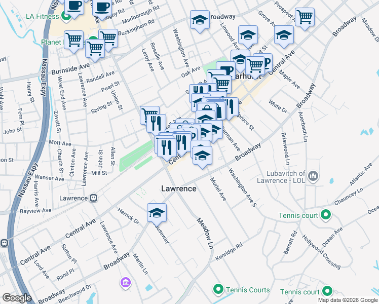 map of restaurants, bars, coffee shops, grocery stores, and more near 371 Central Avenue in Lawrence