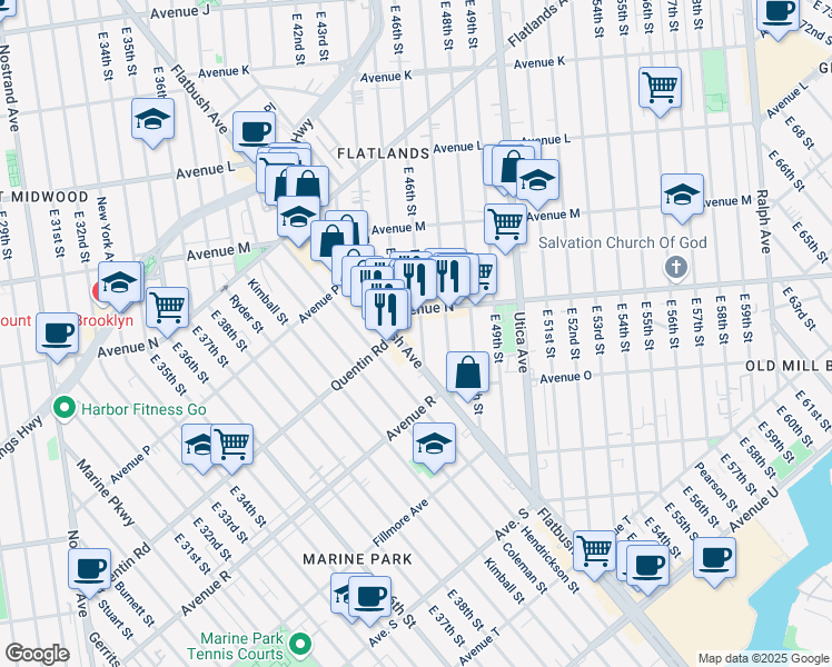 map of restaurants, bars, coffee shops, grocery stores, and more near 4602 Avenue N in Brooklyn