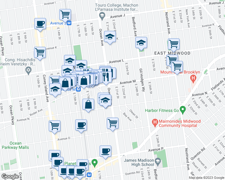 map of restaurants, bars, coffee shops, grocery stores, and more near 2010 Avenue M in Brooklyn