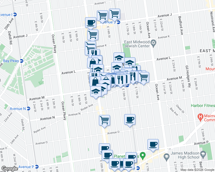 map of restaurants, bars, coffee shops, grocery stores, and more near 1268 East 14th Street in Brooklyn