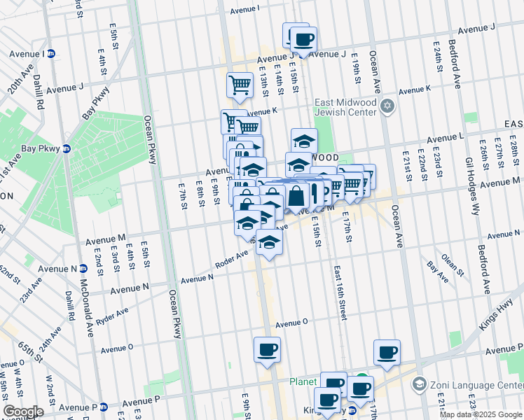 map of restaurants, bars, coffee shops, grocery stores, and more near 1603 Coney Island Avenue in Brooklyn