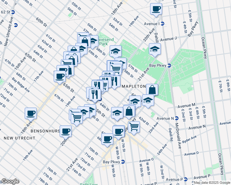 map of restaurants, bars, coffee shops, grocery stores, and more near 2018 61st Street in Brooklyn