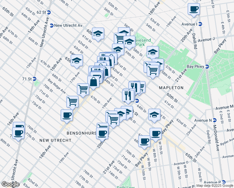 map of restaurants, bars, coffee shops, grocery stores, and more near 1881 64th Street in Brooklyn