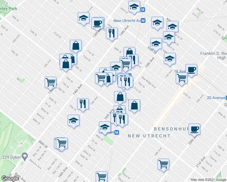 map of restaurants, bars, coffee shops, grocery stores, and more near 1527 73rd Street in Brooklyn