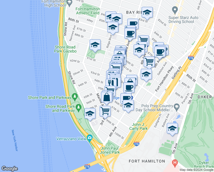 map of restaurants, bars, coffee shops, grocery stores, and more near 260 93rd Street in Brooklyn