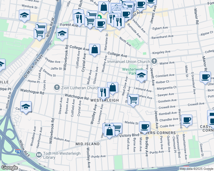 map of restaurants, bars, coffee shops, grocery stores, and more near 225 Woolley Avenue in Staten Island