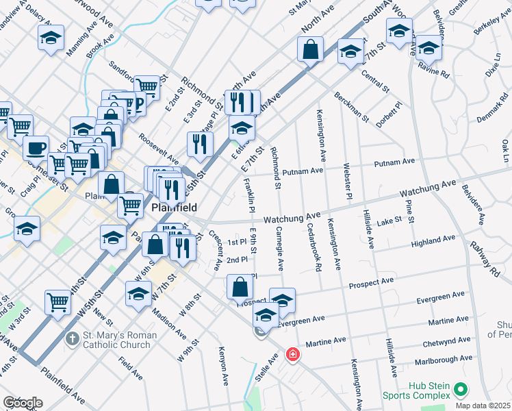 map of restaurants, bars, coffee shops, grocery stores, and more near 328-30 Franklin Place in Plainfield