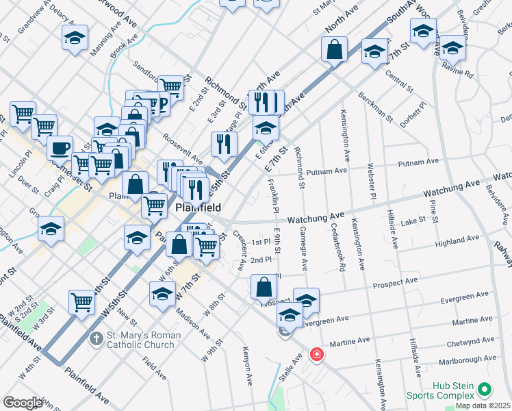 map of restaurants, bars, coffee shops, grocery stores, and more near 317 Franklin Place in Plainfield