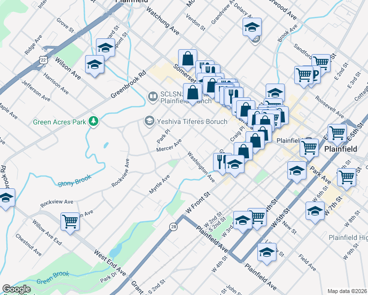 map of restaurants, bars, coffee shops, grocery stores, and more near 50 Washington Avenue in North Plainfield