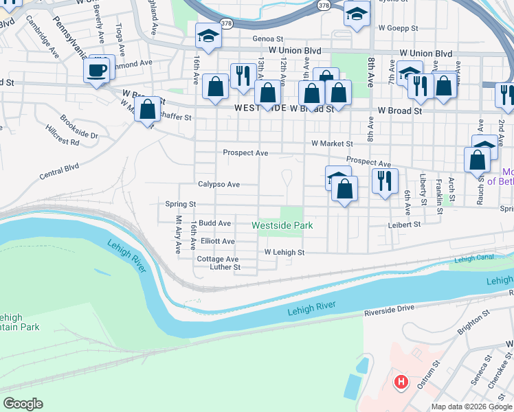 map of restaurants, bars, coffee shops, grocery stores, and more near 311 13th Avenue in Bethlehem