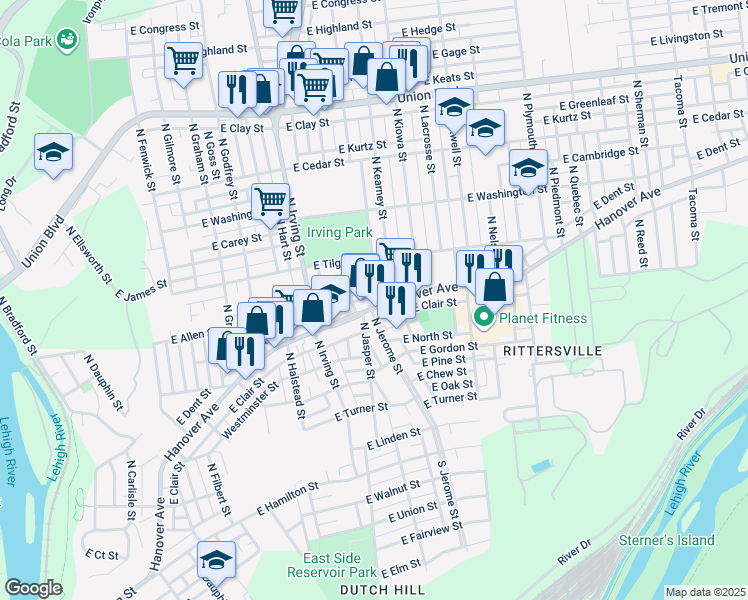 map of restaurants, bars, coffee shops, grocery stores, and more near 629 North Jerome Street in Allentown