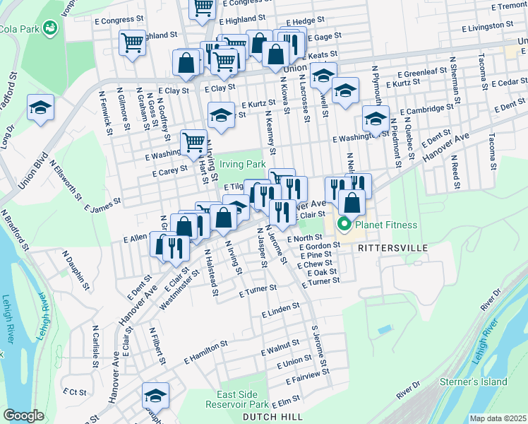 map of restaurants, bars, coffee shops, grocery stores, and more near 629 North Jerome Street in Allentown