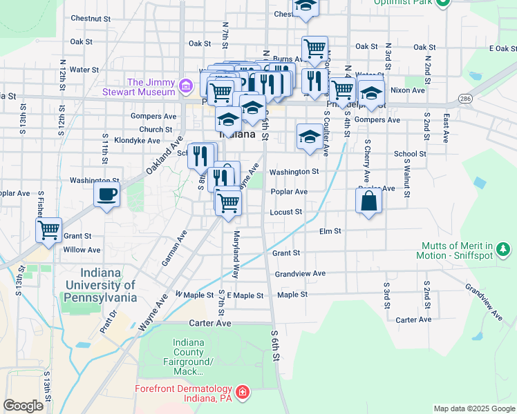 map of restaurants, bars, coffee shops, grocery stores, and more near 345 South 6th Street in Indiana