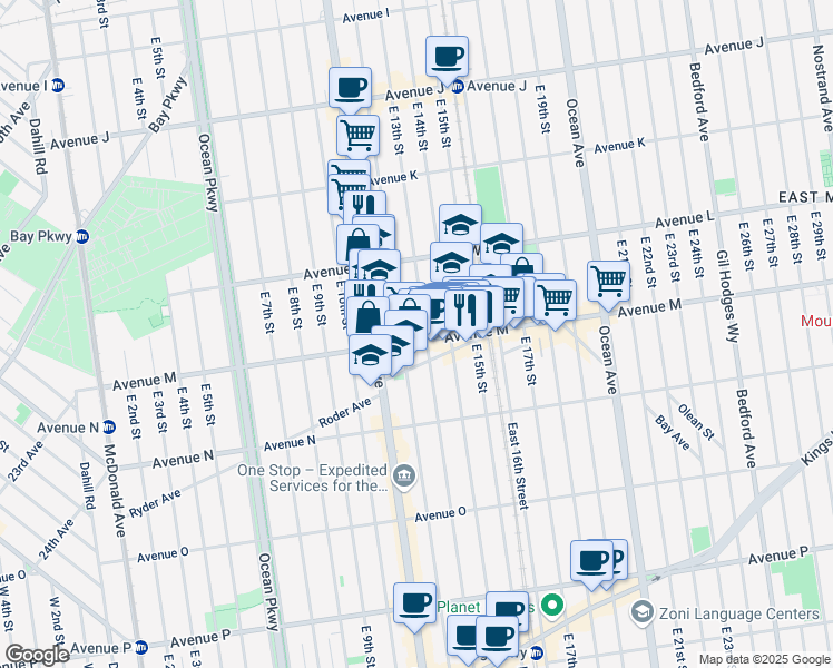map of restaurants, bars, coffee shops, grocery stores, and more near 1215 Avenue M in Brooklyn