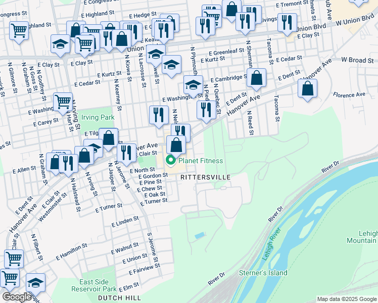 map of restaurants, bars, coffee shops, grocery stores, and more near 1426 Hanover Avenue in Allentown