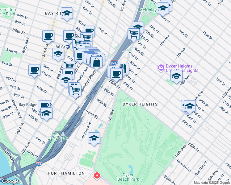 map of restaurants, bars, coffee shops, grocery stores, and more near 15 Battery Avenue in Brooklyn
