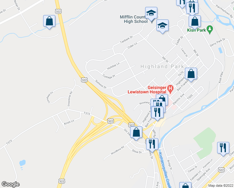 map of restaurants, bars, coffee shops, grocery stores, and more near 352 Hillsdale Avenue in Lewistown