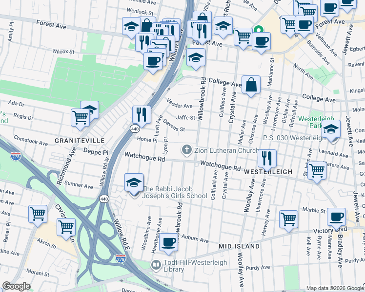 map of restaurants, bars, coffee shops, grocery stores, and more near 39 Home Place in Staten Island