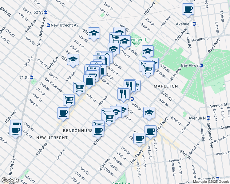 map of restaurants, bars, coffee shops, grocery stores, and more near 1881 64th Street in Brooklyn