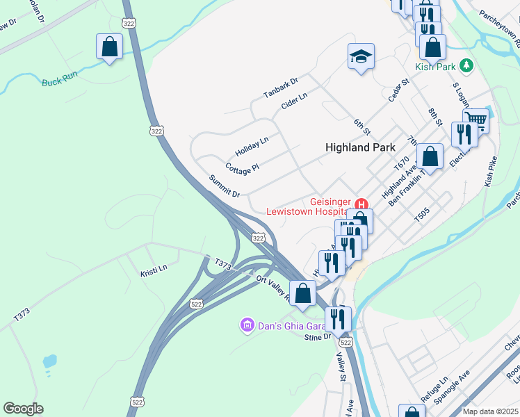 map of restaurants, bars, coffee shops, grocery stores, and more near 352 Hillsdale Avenue in Lewistown