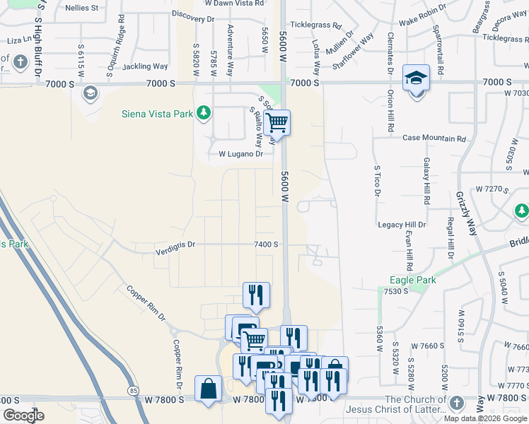 map of restaurants, bars, coffee shops, grocery stores, and more near 5658 West 7340 South in West Jordan
