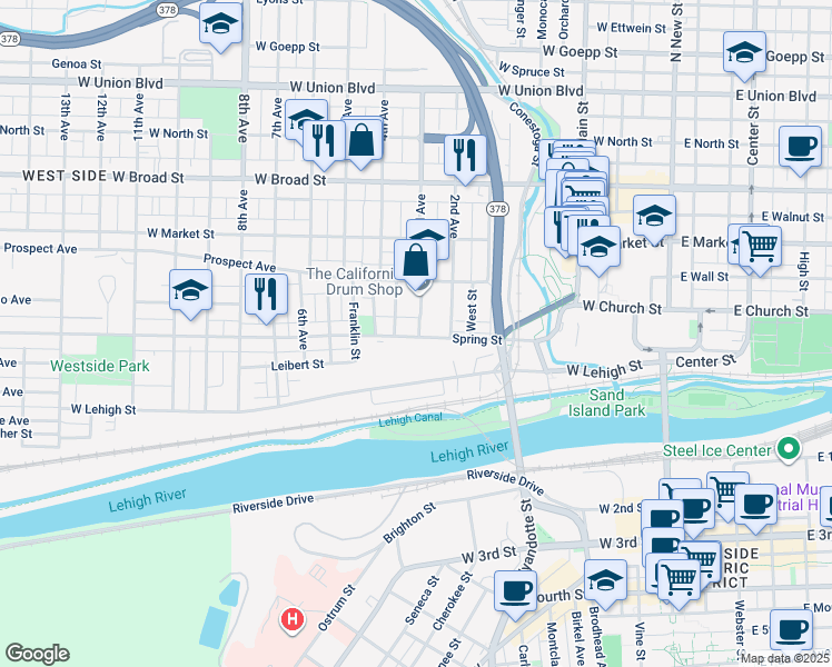 map of restaurants, bars, coffee shops, grocery stores, and more near 504 Spring Street in Bethlehem
