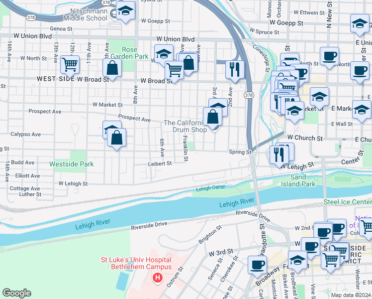 map of restaurants, bars, coffee shops, grocery stores, and more near 304 Franklin Street in Bethlehem