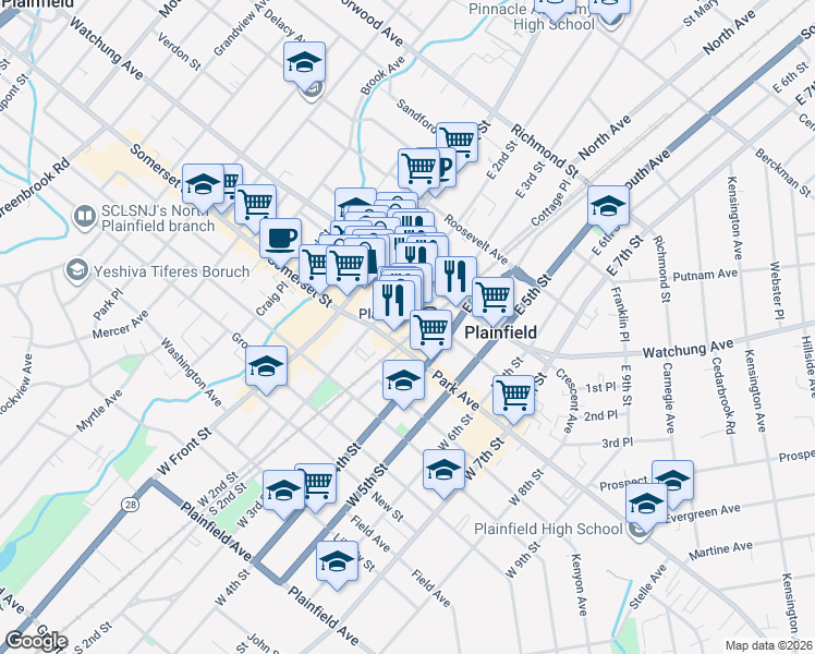 map of restaurants, bars, coffee shops, grocery stores, and more near 134 North Avenue in Plainfield
