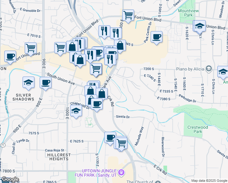 map of restaurants, bars, coffee shops, grocery stores, and more near 1212 East Waterside Cove in Cottonwood Heights