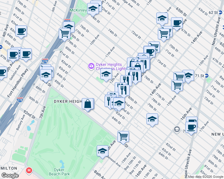map of restaurants, bars, coffee shops, grocery stores, and more near 1194 80th Street in Brooklyn