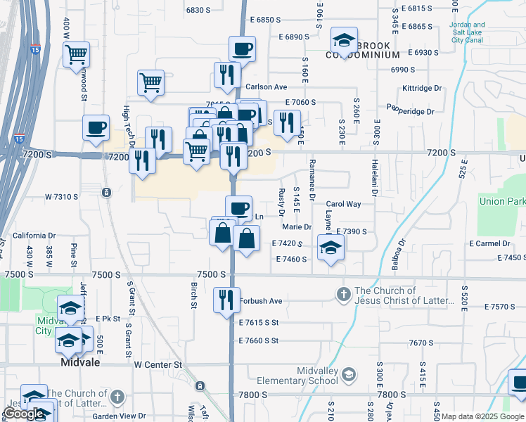 map of restaurants, bars, coffee shops, grocery stores, and more near 7340 South 90 East in Midvale