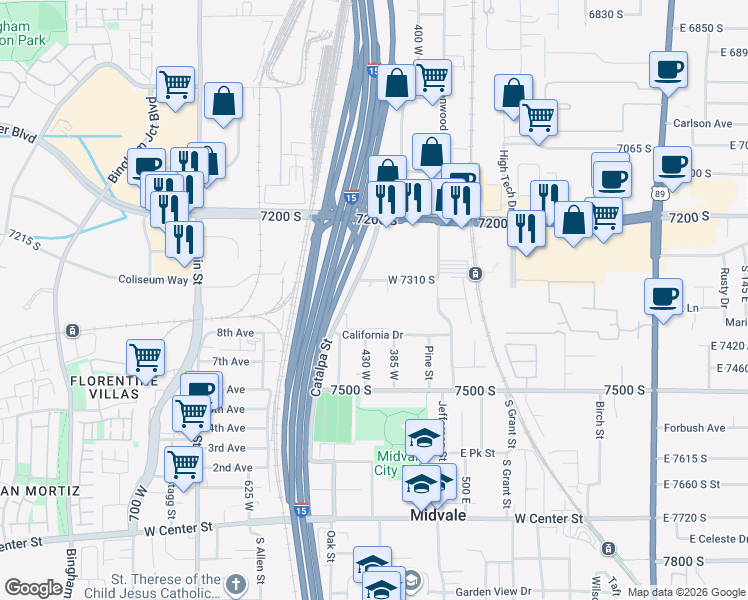 map of restaurants, bars, coffee shops, grocery stores, and more near 7351 Catalpa Street in Midvale